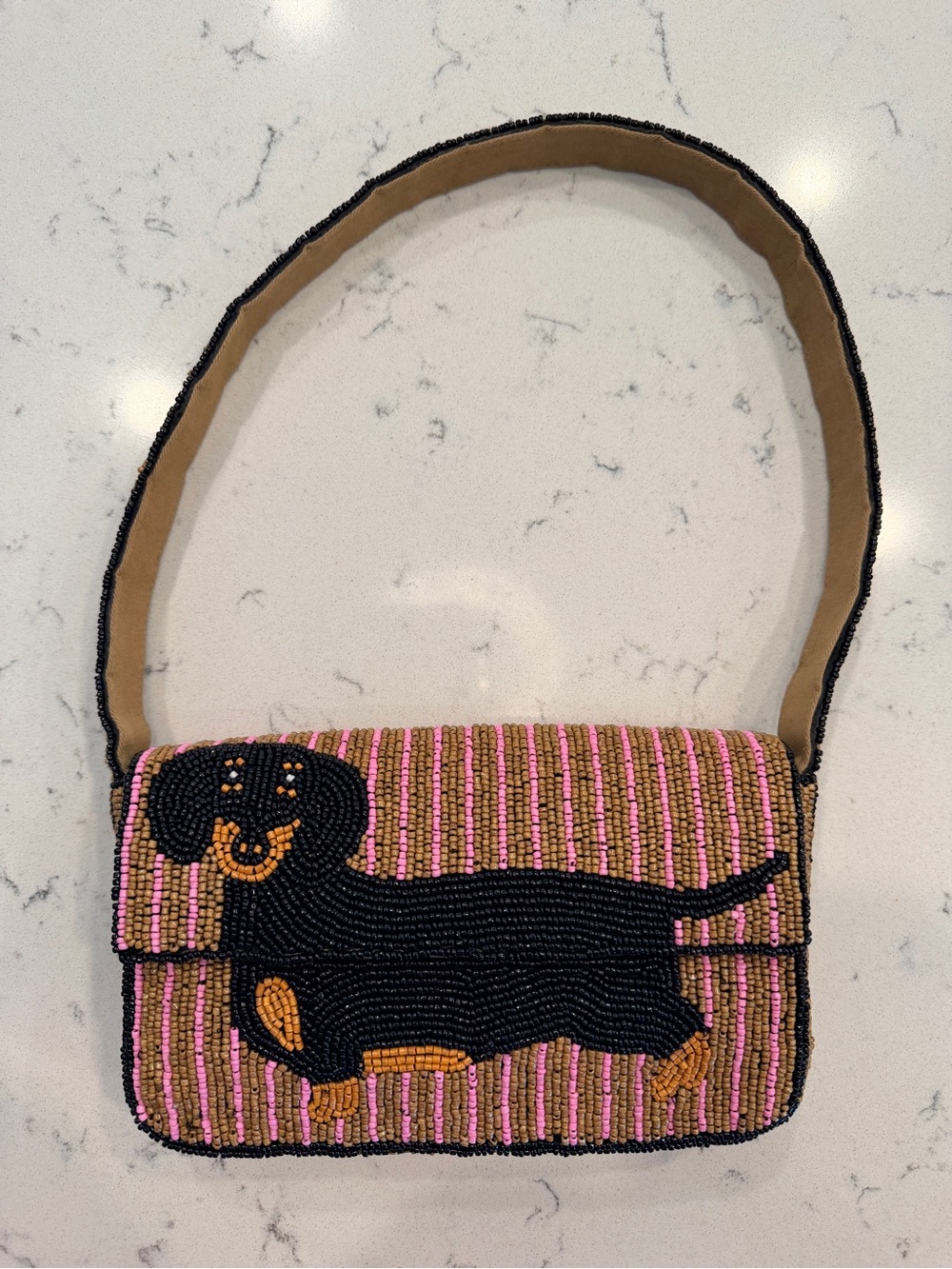 Anthropologie Beaded Dachshund Shoulder Bag in Pink and Black